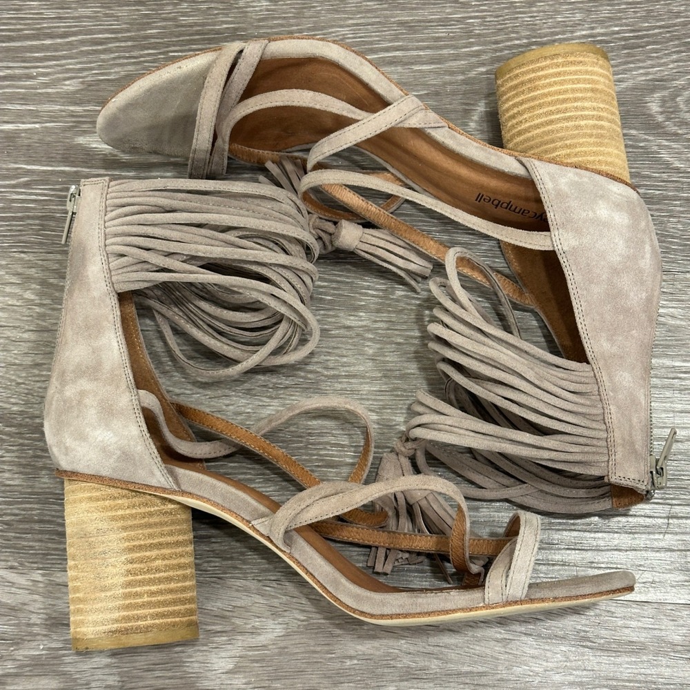Jeffrey Campbell Despina Taupe Suede Strappy Tassel Block Heel 9.5 Boho Festival - Picture 5 of 12